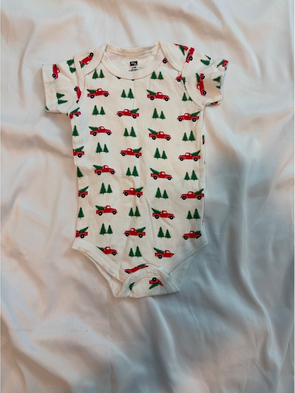 HB Baby Onesie 3-6M Red Truck and Green Tree Print Cotton Bodysuit
